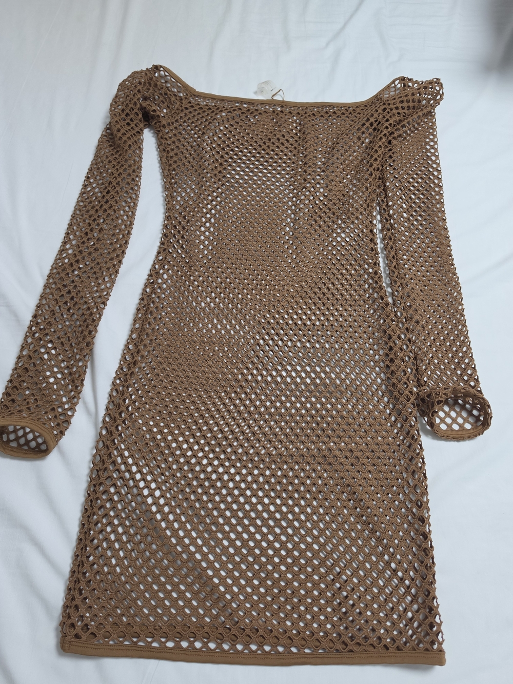 Fashion Nova Brown Crochet Long-Sleeve Mesh Dress - Picture 3 of 8